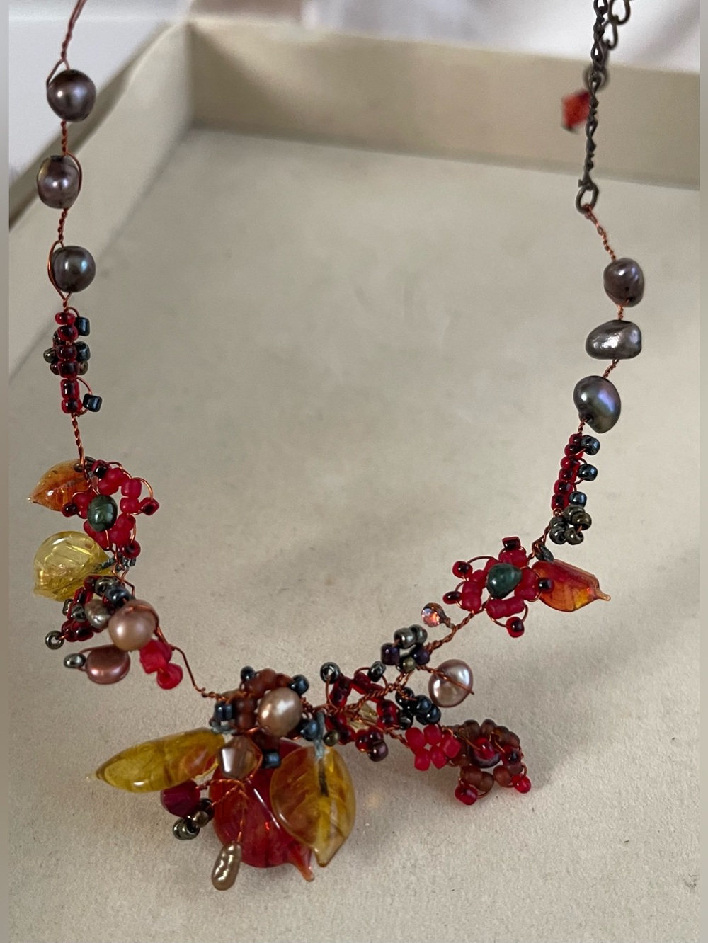 Handmade Red and Amber Beaded Cluster Necklace -glass beads & pearls
